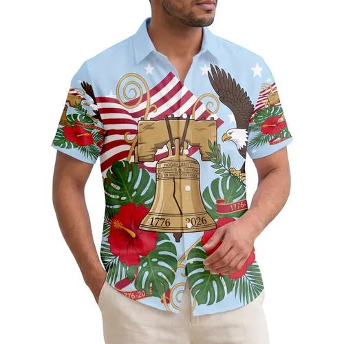 USA 250th Anniversary Liberty Bell Flag Eagle Tropical Hibiscus '1776-2026' Scrollwork Short-sleeve Hawaiian Shirt