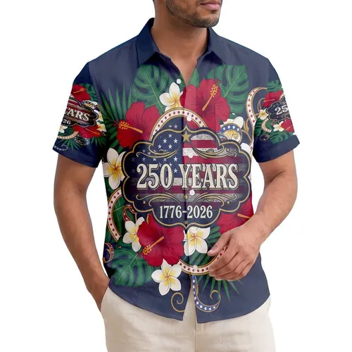 USA 250th Anniversary Hawaiian Flag '1776-2026' Hibiscus Plumeria Tribute Short-sleeve Hawaiian Shirt
