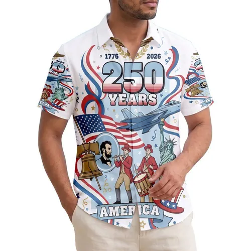 America 250th Birthday Hawaiian Patriotic Symbols: Lincoln, Liberty Bell, Flag, Eagle Art Short-sleeve Hawaiian Shirt