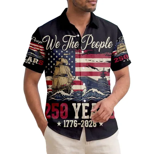 We The People 250th Anniversary Distressed Flag Ship Carrier 1776 Rugged Americana Short-sleeve Hawaiian Shirt