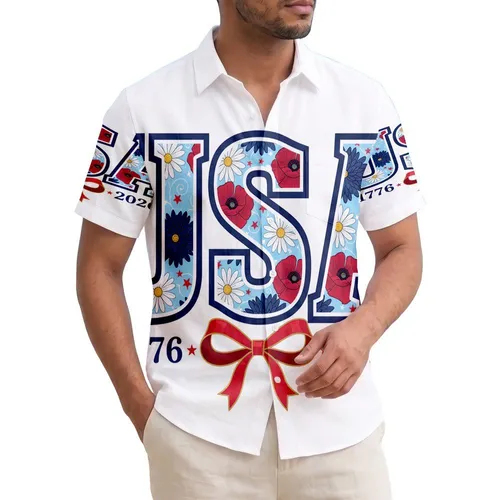 USA 250th Anniversary Patriotic Floral Letters 1776-2026 Tropical Americana Short-sleeve Hawaiian Shirt