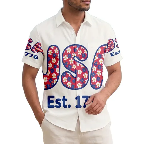 America 250th Est. 1776 Floral USA Crimson Daisy Blue Tropical Cream Design Short-sleeve Hawaiian Shirt
