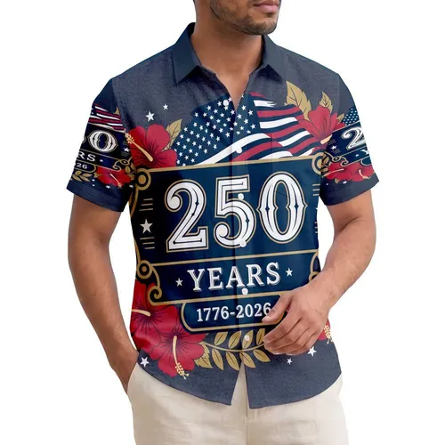 America 250th Anniversary Patriotic Hawaiian Banner 1776-2026 Stars Flag Hibiscus Short-sleeve Hawaiian Shirt
