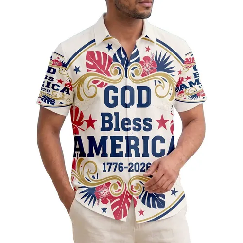 America 250th Birthday: God Bless America 1776-2026 Hawaiian Patriotic Leaves & Gold Scrolls Short-sleeve Hawaiian Shirt