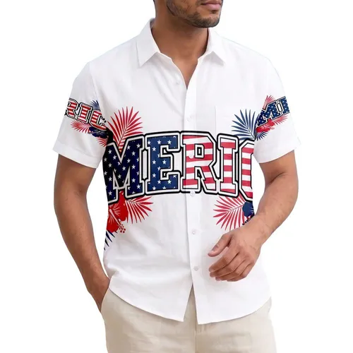 Patriotic America 250th Collegiate Wordmark Star Stripe Hibiscus Palm Short-sleeve Hawaiian Shirt