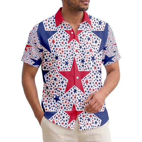 USA 250th Birthday Patriotic Hawaiian Stars Navy Red White Seamless Allover Textile Pattern Short-sleeve Hawaiian Shirt