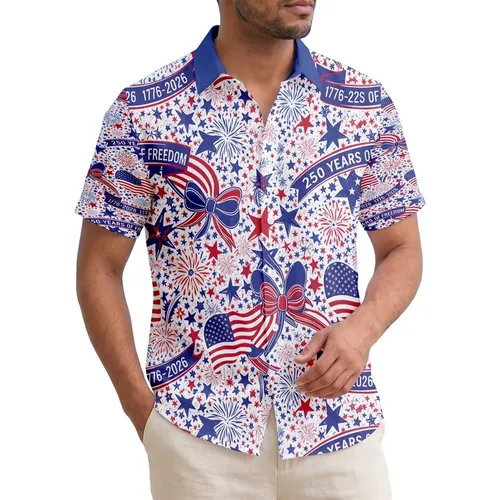 America 250th Anniversary Celebration: Hawaiian Flag Heart Stars Fireworks Banners 1776 Short-sleeve Hawaiian Shirt