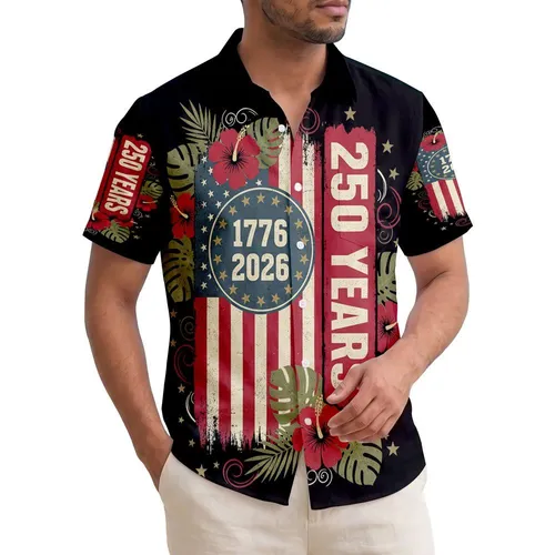 USA 250th Birthday Patriotic Hawaiian Distressed Flag 1776 Grunge Stars Design Short-sleeve Hawaiian Shirt