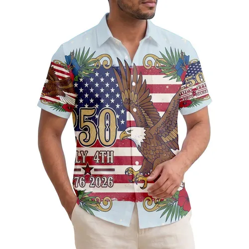 America 250th Anniversary Bald Eagle: Distressed Flag, Hibiscus, 1776-2026 Semiquincentennial Short-sleeve Hawaiian Shirt