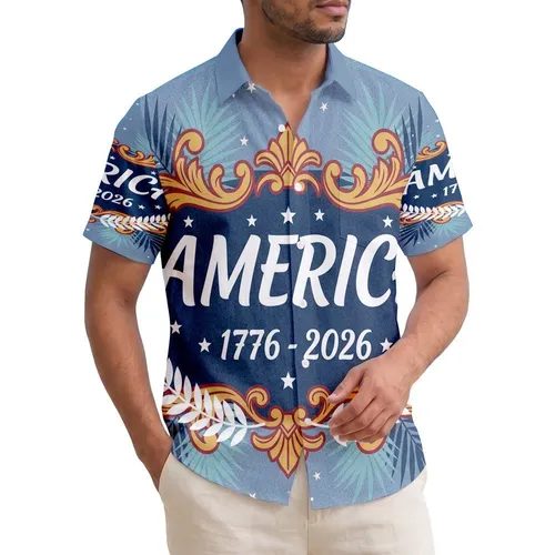 America 250th 1776-2026 Script Hawaiian Fronds Laurel Wreath Patriotic Design Short-sleeve Hawaiian Shirt