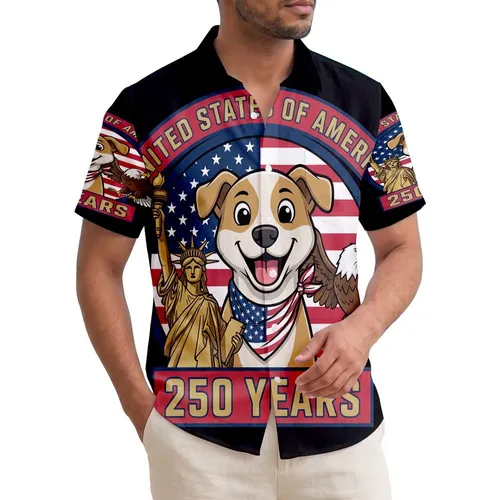 America 250th Commemorative: Patriotic Dog, Statue of Liberty, Eagle Flag Emblem Short-sleeve Hawaiian Shirt