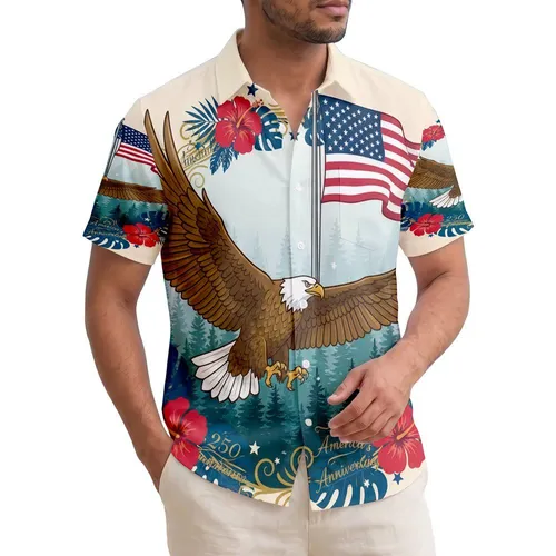 USA 250th Birthday Eagle American Flag Tropical Evergreen Ivory Design Short-sleeve Hawaiian Shirt