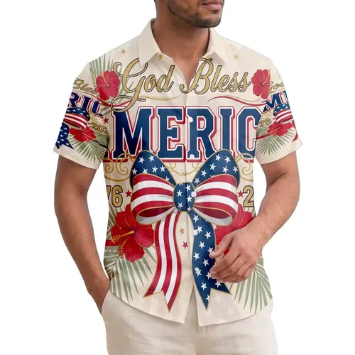 America 250th Anniversary God Bless AMERICA Patriotic Striped Star Bow Tropical 1776 2026 Short-sleeve Hawaiian Shirt