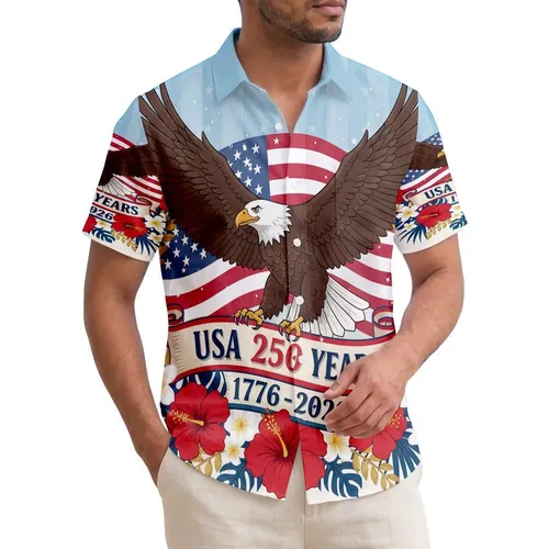 America 250th Eagle Hibiscus Flag: 1776-2026 USA Years Floral Design Short-sleeve Hawaiian Shirt