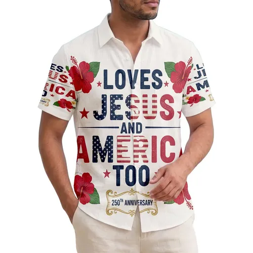 America 250th Anniversary: Loves Jesus & America Too Hawaiian Floral Star Motif Short-sleeve Hawaiian Shirt