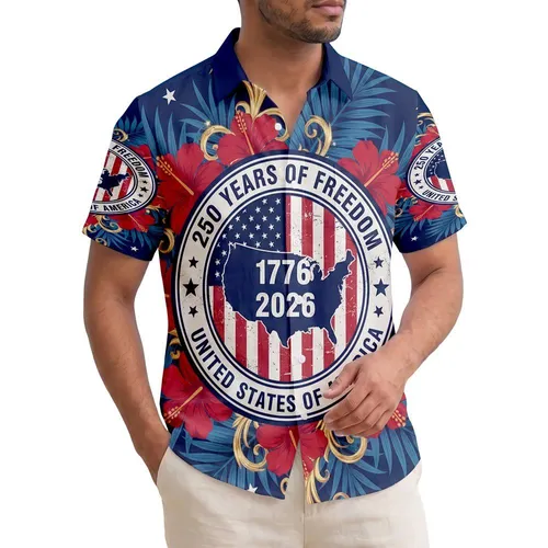USA 250th Anniversary: Freedom Map 1776-2026, Flag, Hibiscus, Gold Scrollwork Short-sleeve Hawaiian Shirt