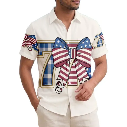 USA 250th Birthday: 1776 Patriotic Hawaiian-Inspired Stripes Plaid Stars & Bow Short-sleeve Hawaiian Shirt