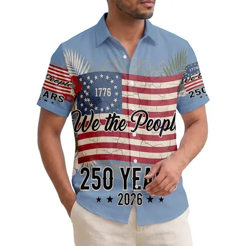 America 250th Anniversary: Distressed Flag 1776 'We The People' Hibiscus Palm Leaf 2026 Short-sleeve Hawaiian Shirt