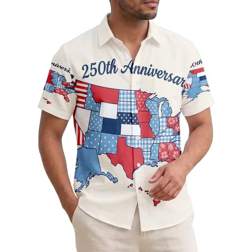 America 250th Birthday Patchwork Map States Americana Flag Hawaiian Daisies Short-sleeve Hawaiian Shirt