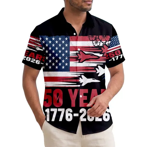 America's 250th Birthday Distressed Flag Fighter Jet 1776-2026 Patriotic Commemoration Short-sleeve Hawaiian Shirt