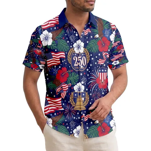 America 250th Patriotic Hawaiian Flag Eagle Hibiscus Print Short-sleeve Hawaiian Shirt