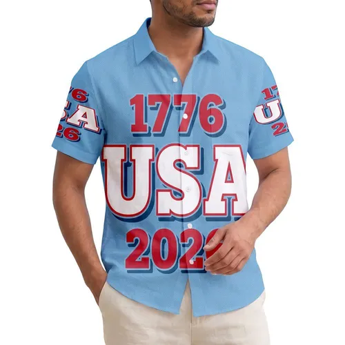 America 250th Anniversary 1776 USA 2026 Patriotic Stars Tropical Denim Blue Short-sleeve Hawaiian Shirt