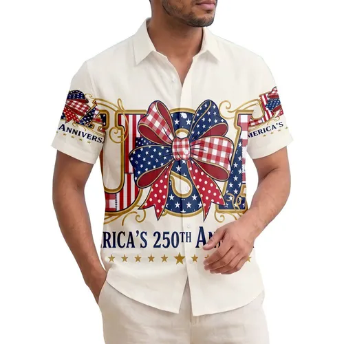 America 250th Vintage Patriotic USA Patchwork Emblem Gold Outline Multi-Fabric Bow Short-sleeve Hawaiian Shirt