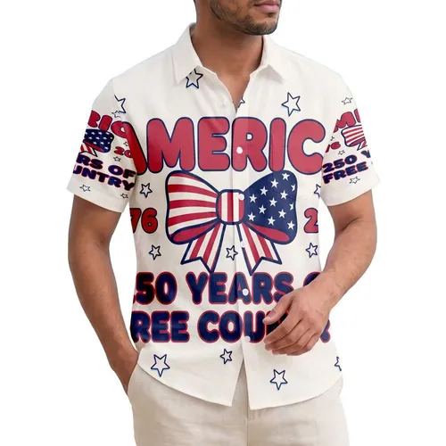 America 250th Anniversary Hawaiian Inspired Patriotic Bow 1776-2026 Stripes Stars Short-sleeve Hawaiian Shirt