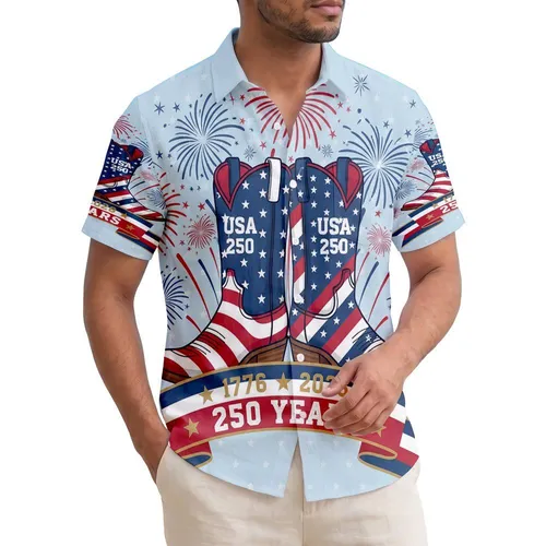 America 250th Birthday Patriotic Cowboy Boots Red White Blue Fireworks 1776 2026 Short-sleeve Hawaiian Shirt