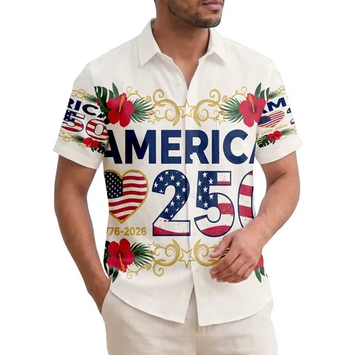 USA 250th Anniversary Distressed Flag AMERICA 250 Text Waving Heart 1776-2026 Hibiscus Short-sleeve Hawaiian Shirt