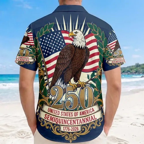 America 250th Anniversary Bald Eagle Flag Laurel Wreath Emblem Gold 250 1776 Short-sleeve Hawaiian Shirt