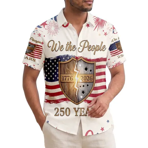 We The People Flag Shield 1776-2026 - USA 250th Anniversary Tropical Independence Day Hawaiian Shirt