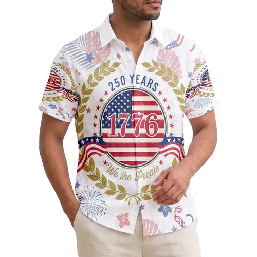 USA 250th Anniversary 1776 Flag Emblem - Tropical Patriotic Flowers We The People Hawaiian Shirt