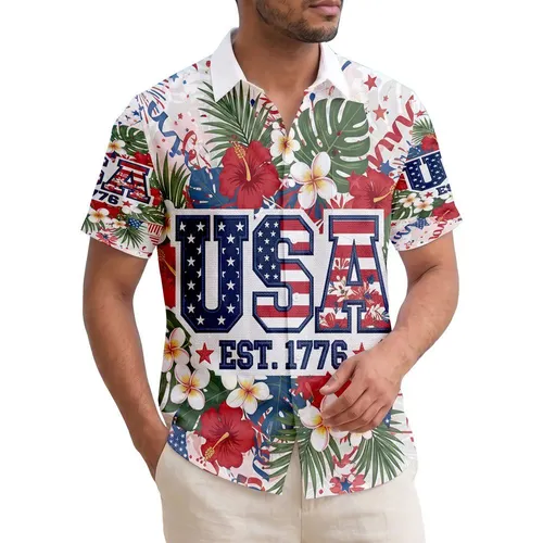 USA EST. 1776 Badge Hawaiian Floral - USA 250th Anniversary Independence Day Hawaiian Shirt