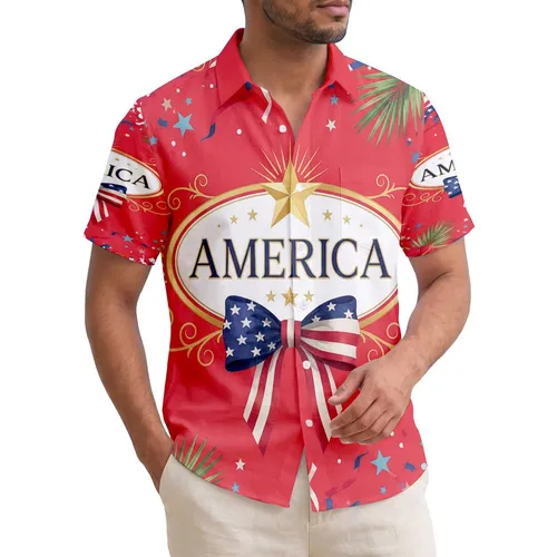 America Word Gold Star Flag Bow - USA 250th Anniversary Independence Day Celebration Hawaiian Shirt