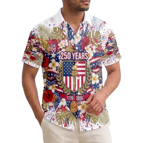 American Flag Torch 1776-2026 - USA 250th Anniversary Patriotic Tropical Hibiscus Hawaiian Shirt