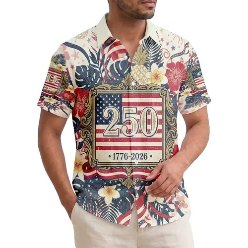 Vintage Distressed Flag 1776-2026 - USA 250th Anniversary Patriotic Tropical Aloha Hawaiian Shirt