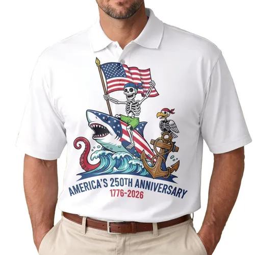 Grinning Skeleton Shark American Flag 1776-2026 - USA 250th Anniversary Patriotic Men's Polo Shirt