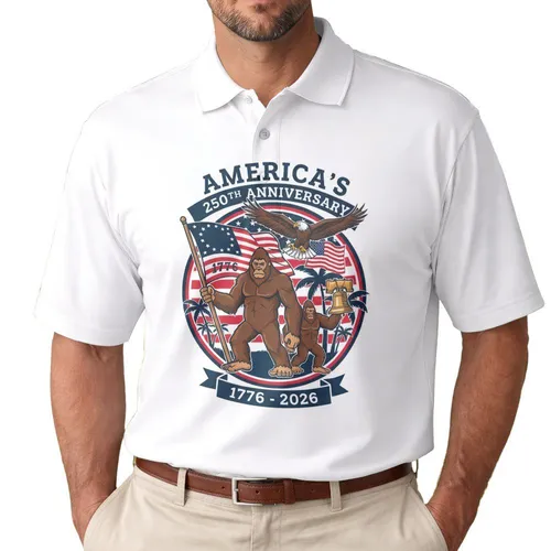 Bigfoot Bald Eagle Betsy Ross Flag 1776 Liberty Bell - USA 250th Anniversary Independence Day Men's Polo Shirt
