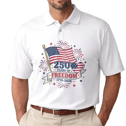 USA 250 Years of Freedom 1776-2026 Flag Heart Fireworks - Patriotic Independence Day Celebration Men's Polo Shirt