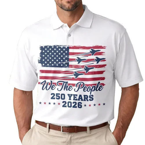 Distressed American Flag Fighter Jets We The People - USA 250th Anniversary 1776-2026 Men's Polo Shirt