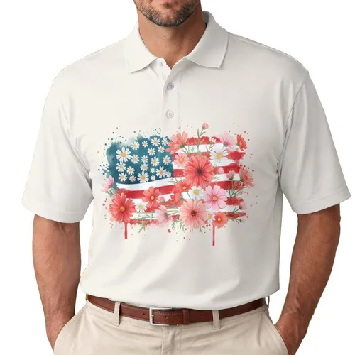 Watercolor Floral Flag 1776 - USA 250th Anniversary Semiquincentennial Patriotic Men's Polo Shirt