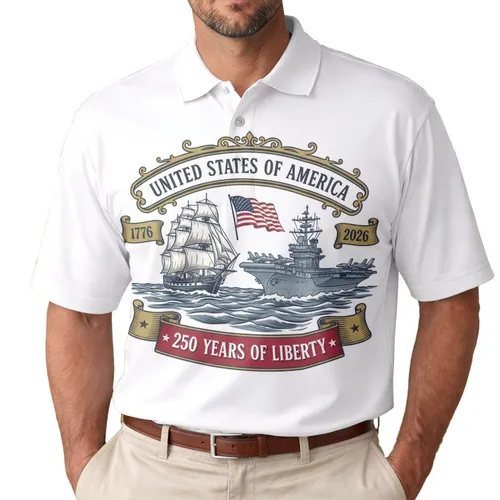Vintage Tall Ship Aircraft Carrier Flag - USA 250th Anniversary 1776-2026 Gift for Veterans Men's Polo Shirt