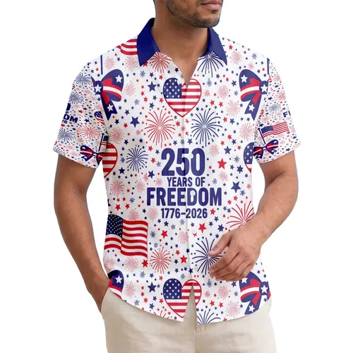Waving American Flags 1776-2026 Fireworks Stars - USA 250 Years of Freedom Semiquincentennial Hawaiian Shirt