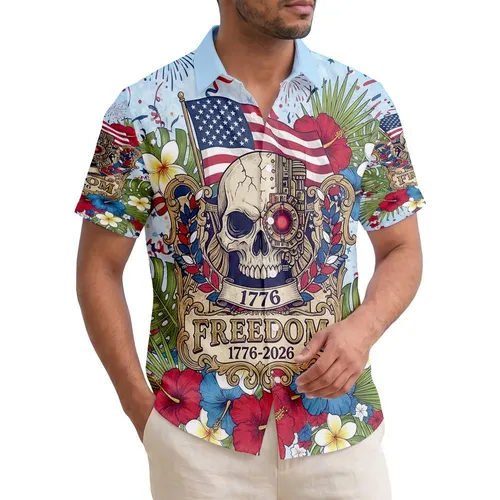Skull Emblem 1776-2026 Freedom Flag - USA 250th Anniversary Independence Day Hawaiian Shirt