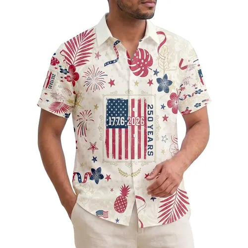 Distressed US Flag 1776-2026 - USA 250th Anniversary Tropical Patriotic Aloha Art Hawaiian Shirt
