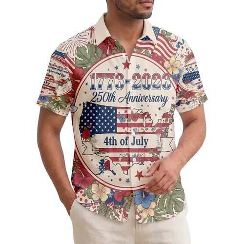American Flag Map Floral 1776-2026 - USA 250th Anniversary 4th of July Tropical Hawaiian Shirt