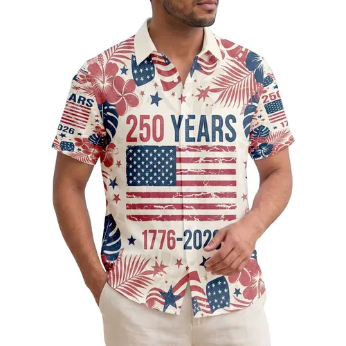 American Flag 1776-2026 Tropical Hibiscus - USA 250 Years of Freedom Independence Day Hawaiian Shirt
