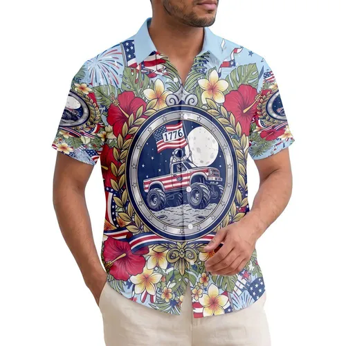 Astronaut Monster Truck 1776 Flag Emblem - USA 250th Anniversary Patriotic Tropical Hawaiian Shirt
