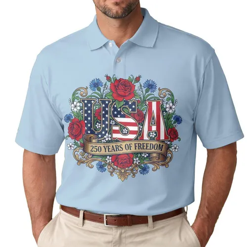 USA Flag Letters Floral Scroll - USA 250 Years of Freedom Independence Day 1776-2026 Men's Polo Shirt